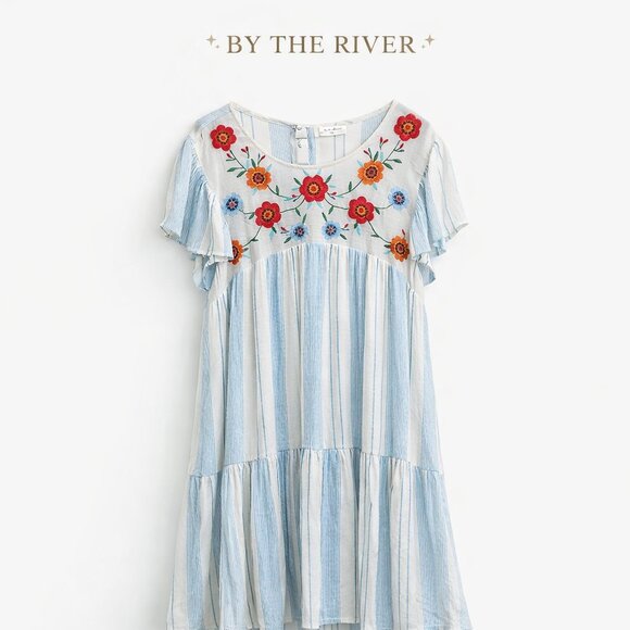 By The River Dresses & Skirts - By The River Embroidered Stripe Dress Size Large Blue White Floral Boho Midi